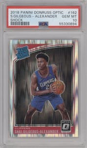 Shai Gilgeous-Alexander from the 2018-19 Panini Donruss Optic set featuring a Shock parallel graded by PSA and given an overall grade of 10.