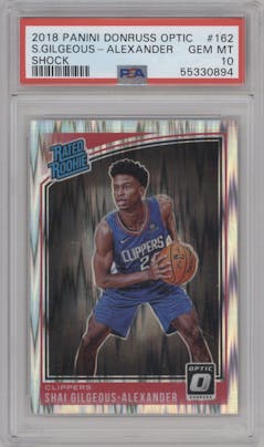 Shai Gilgeous-Alexander from the 2018-19 Panini Donruss Optic set featuring a Shock parallel graded by PSA and given an overall grade of 10.