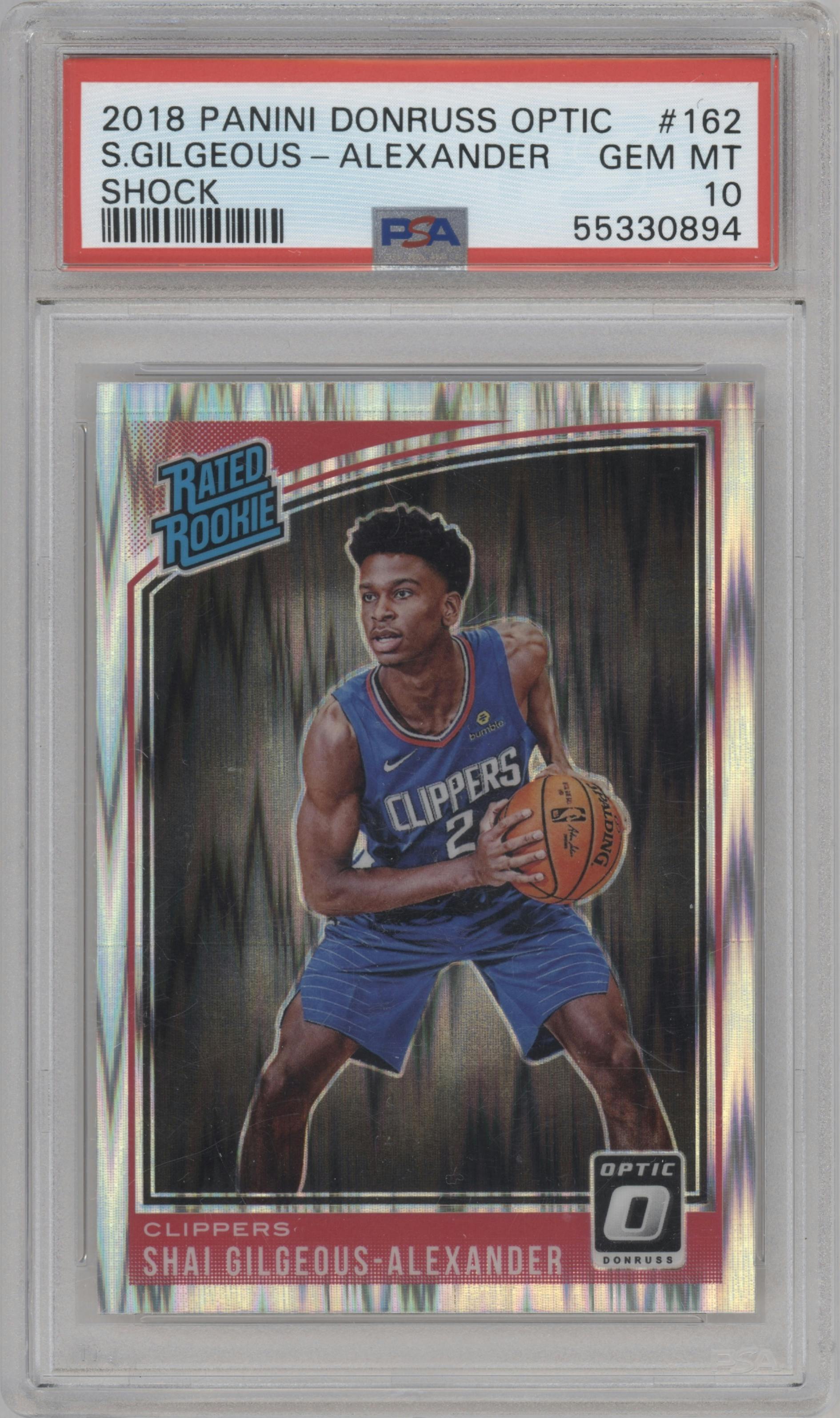 Shai Gilgeous-Alexander from the 2018-19 Panini Donruss Optic set featuring a Shock parallel graded by PSA and given an overall grade of 10.