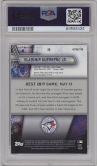 Vladimir Guerrero Jr. from the 2019 Bowman’s Best set featuring a Refractor parallel graded by PSA and given an overall grade of 10.