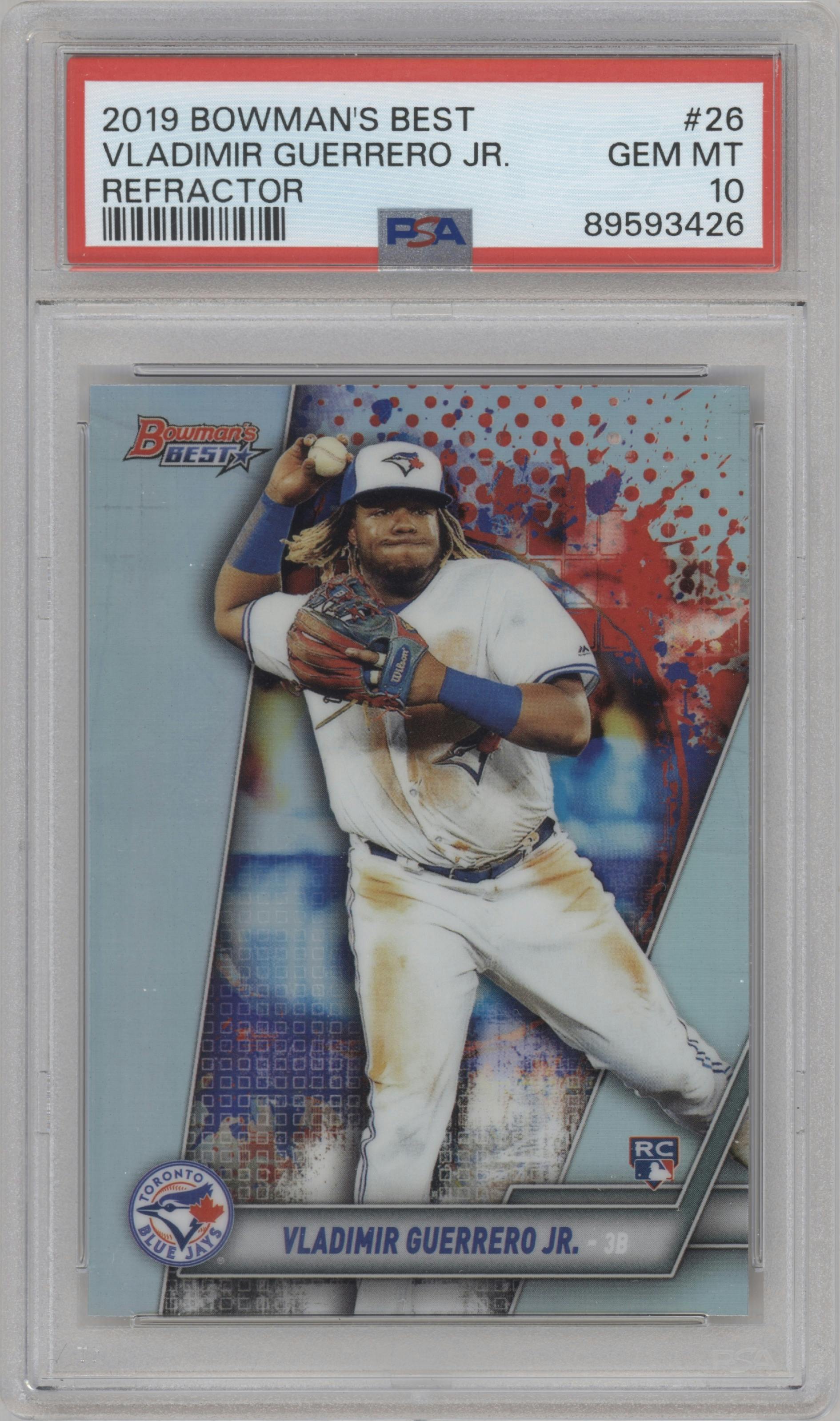 Vladimir Guerrero Jr. from the 2019 Bowman’s Best set featuring a Refractor parallel graded by PSA and given an overall grade of 10.