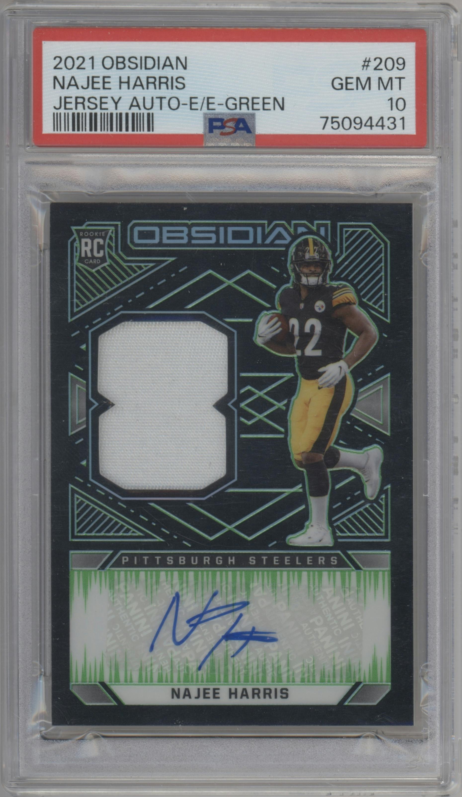 Najee Harris from the 2021 Panini Obsidian set featuring a Electric Etch Green parallel graded by PSA and given an overall grade of 10.