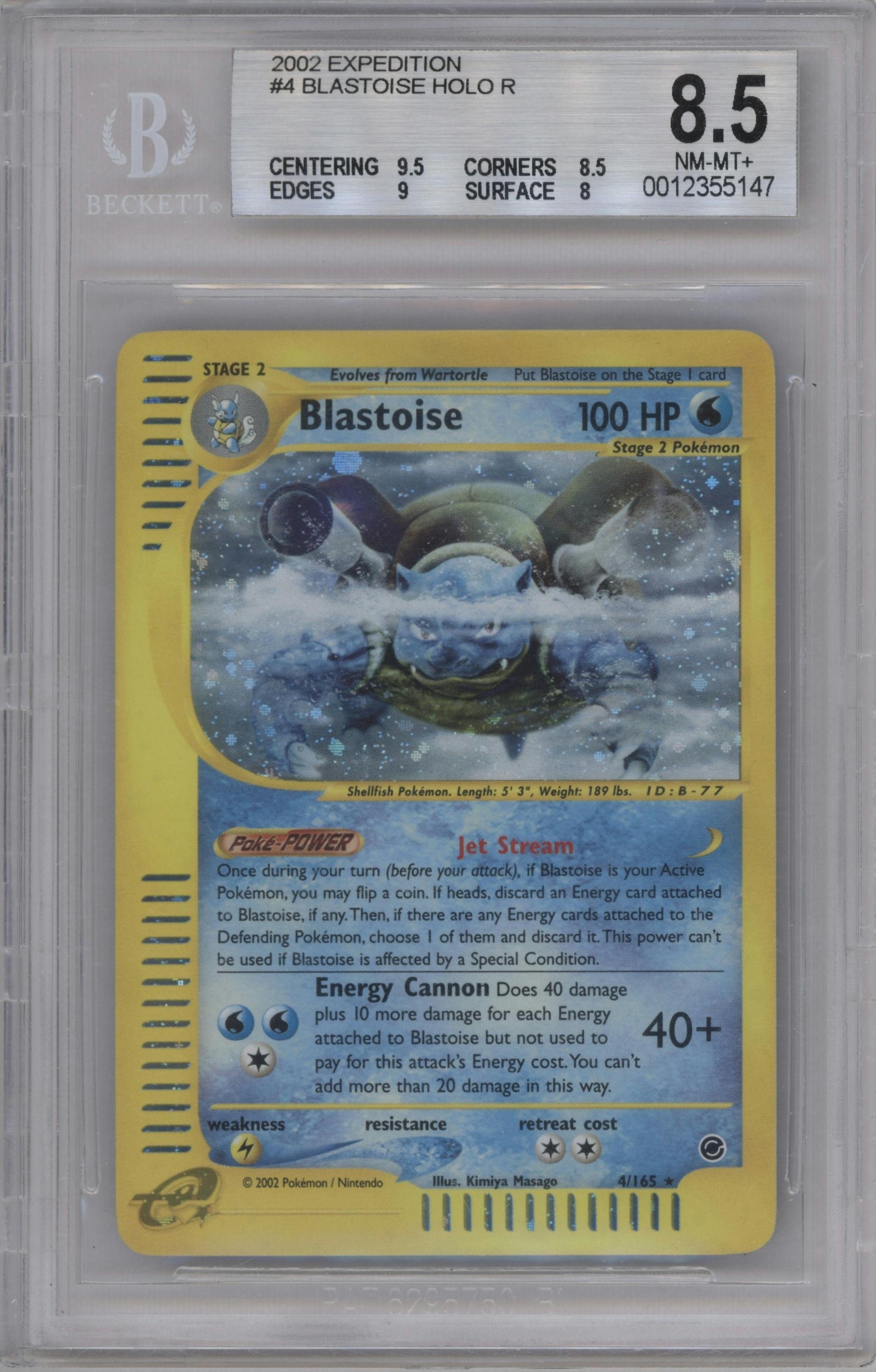 Blastoise from the 2002 Pokemon E-CARD set graded by Beckett and given an overall grade of 8.5.