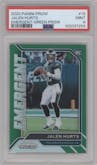 Jalen Hurts from the 2020 Panini Prizm set featuring a Green Prizm parallel graded by PSA and given an overall grade of 9.