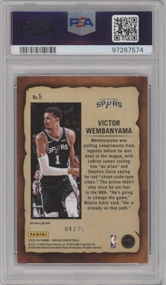 Victor Wembanyama from the 2023-24 Panini Mosaic set featuring a White Mosaic parallel graded by PSA and given an overall grade of 9.