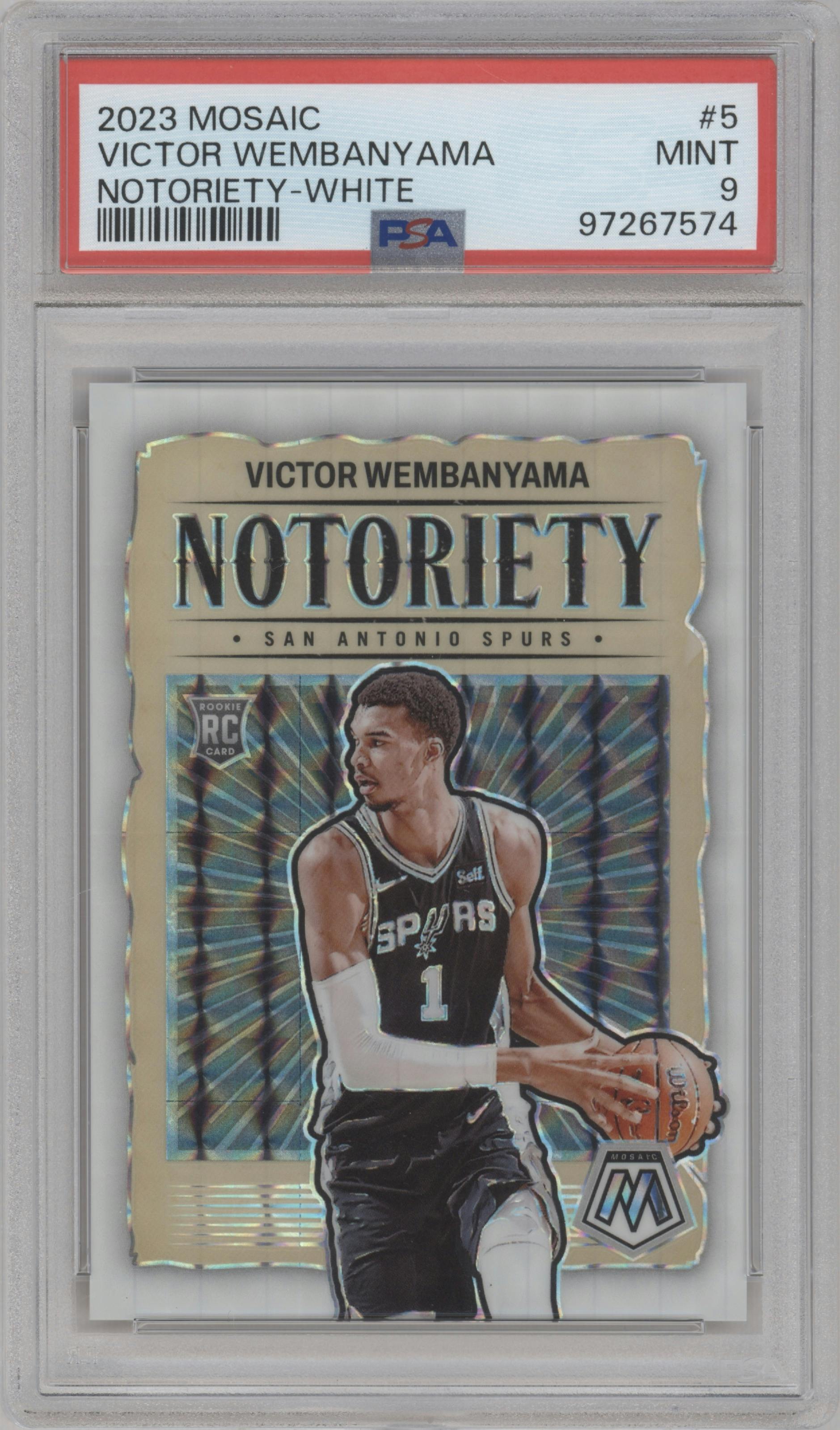 Victor Wembanyama from the 2023-24 Panini Mosaic set featuring a White Mosaic parallel graded by PSA and given an overall grade of 9.