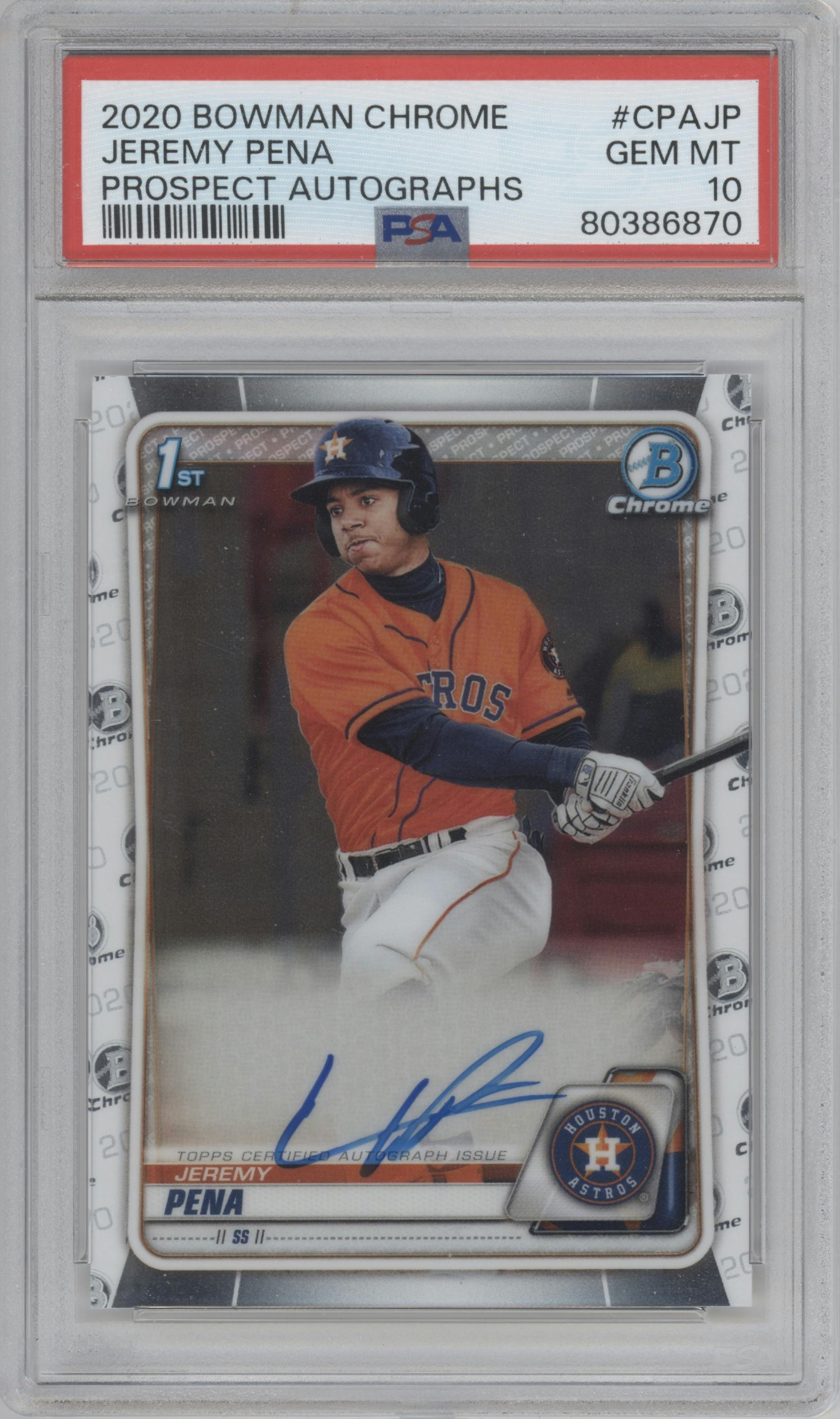 Jeremy Pena from the 2020 Bowman Chrome set graded by PSA and given an overall grade of 10.