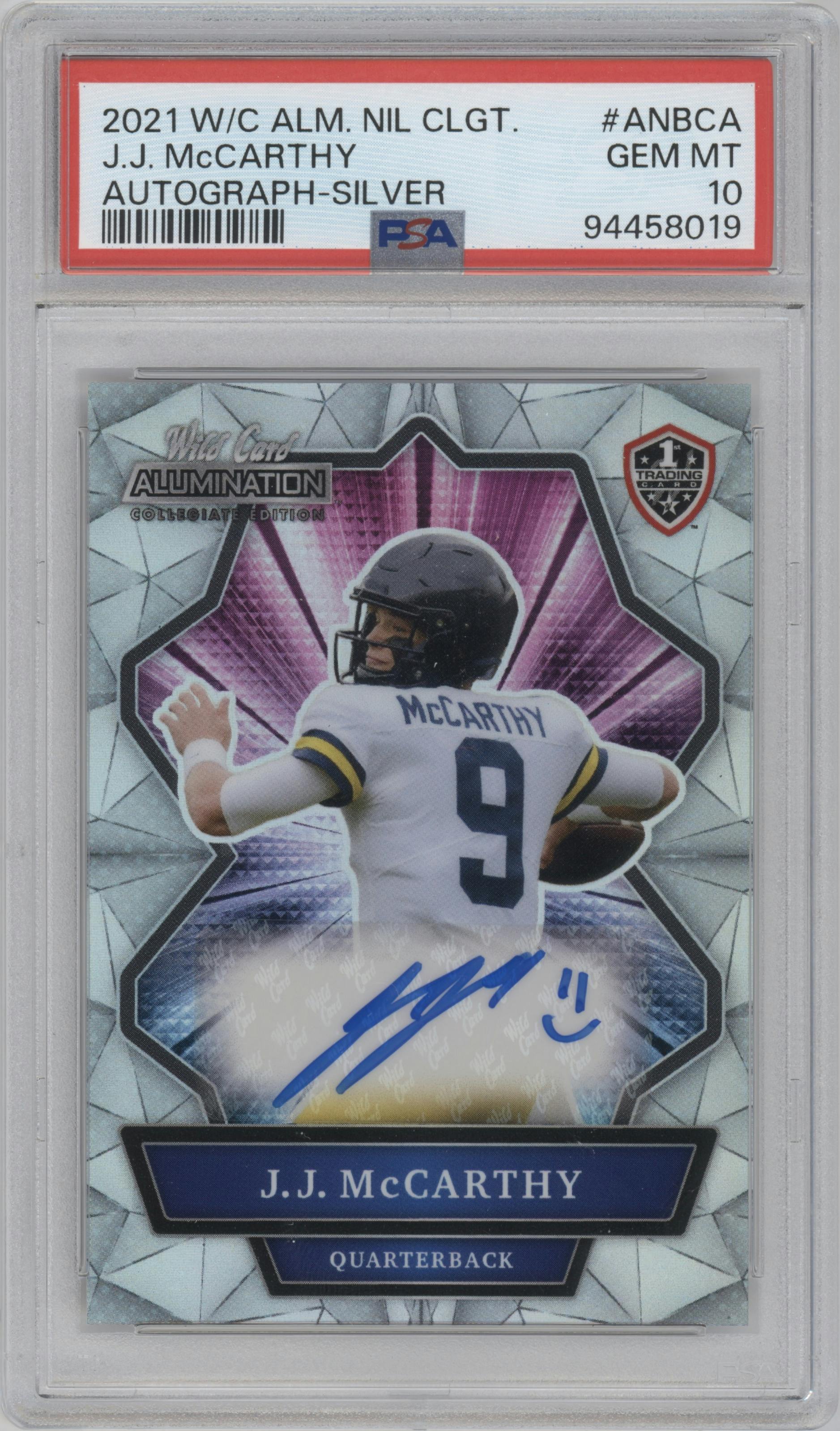 J.J. McCarthy from the 2021 Wild Card Alumination NIL set featuring a Silver parallel graded by PSA and given an overall grade of 10.