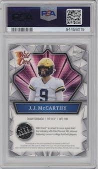 J.J. McCarthy from the 2021 Wild Card Alumination NIL set featuring a Silver parallel graded by PSA and given an overall grade of 10.