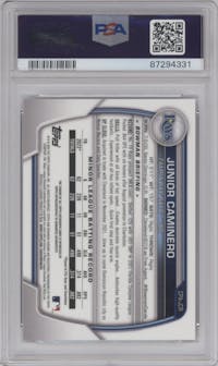 Junior Caminero from the 2023 Bowman  set graded by PSA and given an overall grade of 10.