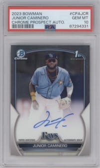 Junior Caminero from the 2023 Bowman  set graded by PSA and given an overall grade of 10.