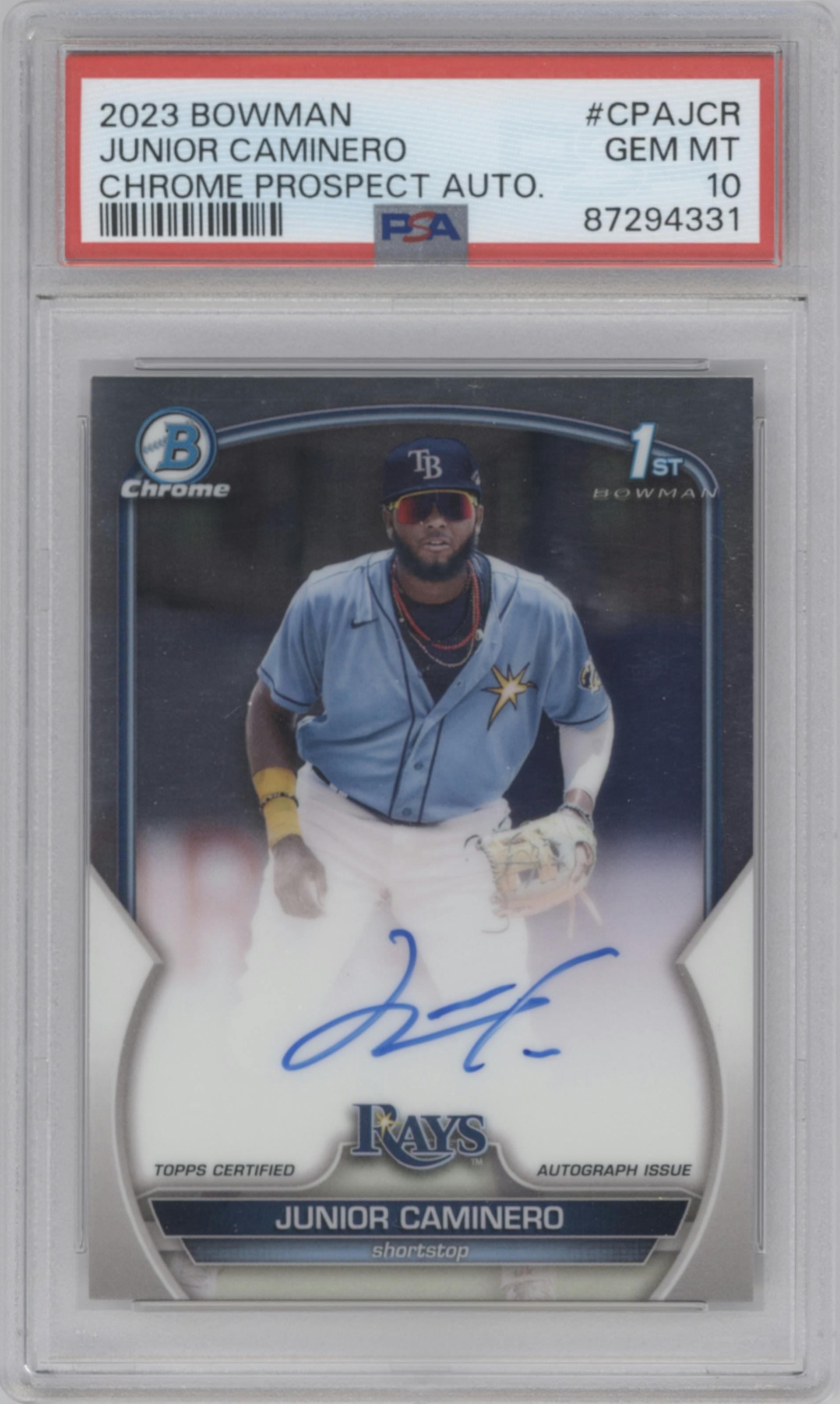 Junior Caminero from the 2023 Bowman  set graded by PSA and given an overall grade of 10.