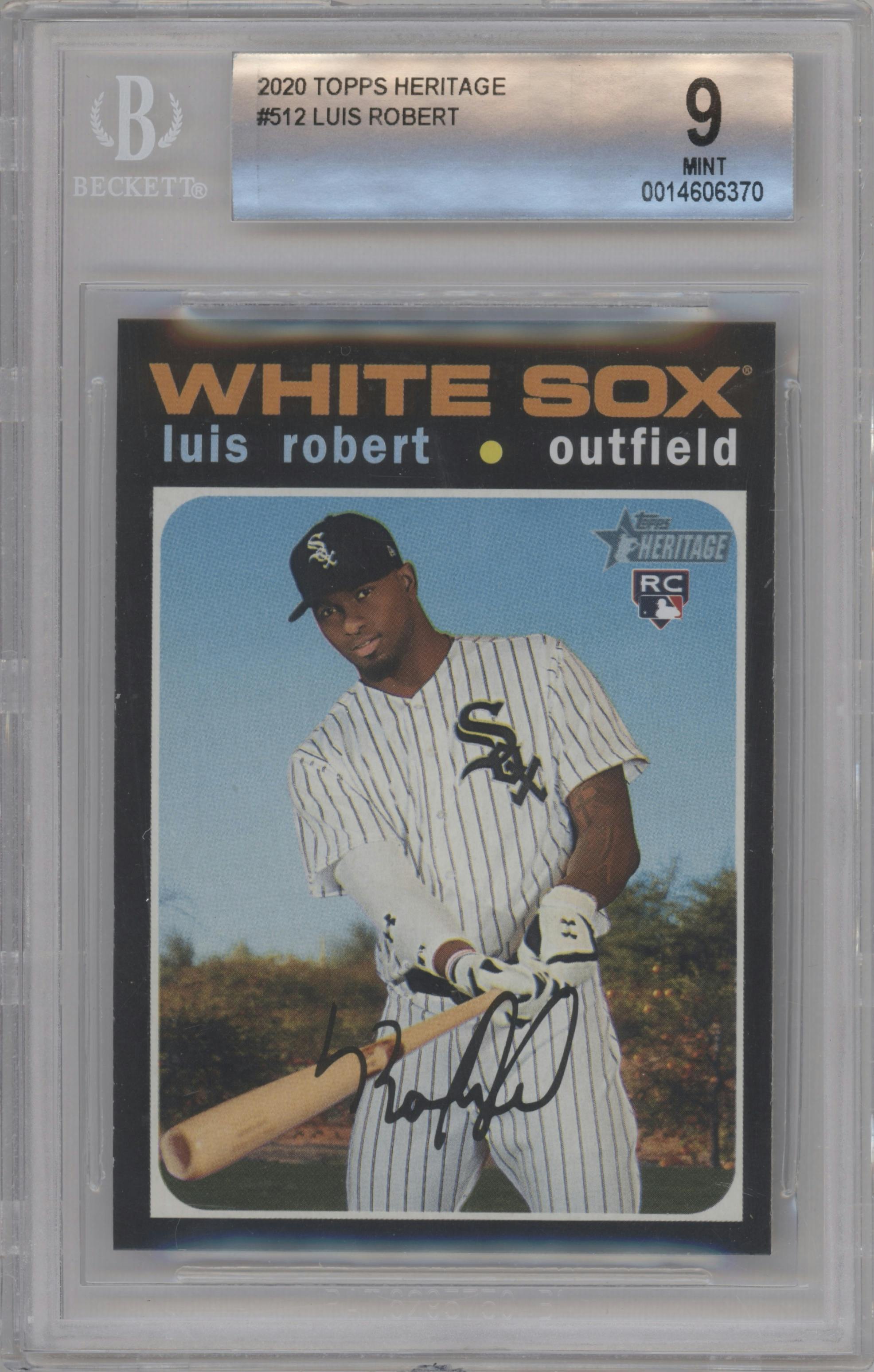 Luis Robert from the 2020 Topps Heritage High Number set graded by Beckett and given an overall grade of 9.