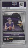 JJ McCarthy from the 2024 Panini Prizm set featuring a Purple Power Prizm parallel graded by PSA and given an overall grade of 9.