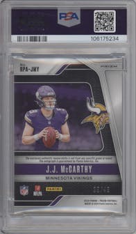 JJ McCarthy from the 2024 Panini Prizm set featuring a Purple Power Prizm parallel graded by PSA and given an overall grade of 9.