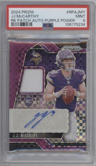 JJ McCarthy from the 2024 Panini Prizm set featuring a Purple Power Prizm parallel graded by PSA and given an overall grade of 9.