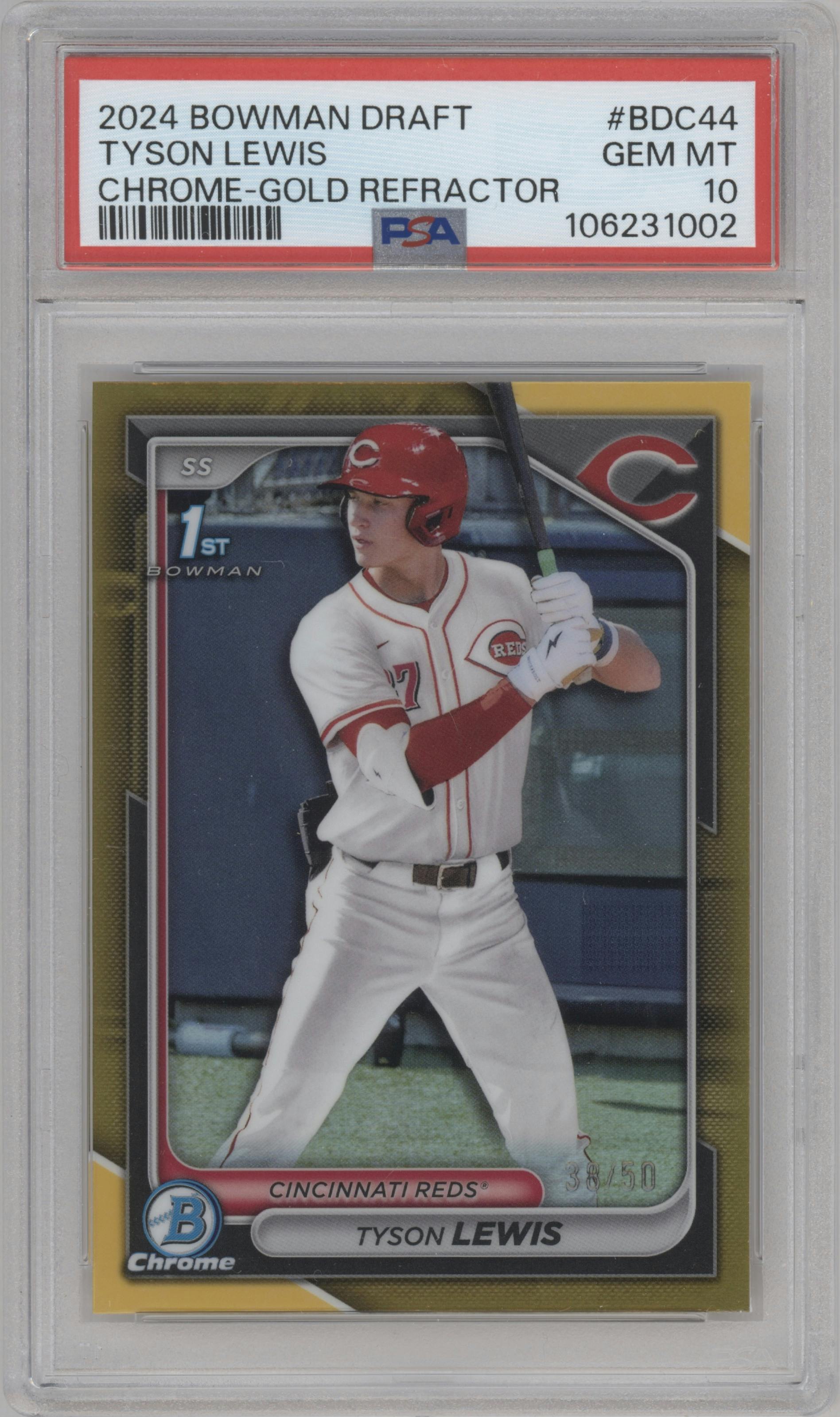 Tyson Lewis from the 2024 Bowman Draft set featuring a Gold Refractor parallel graded by PSA and given an overall grade of 10.