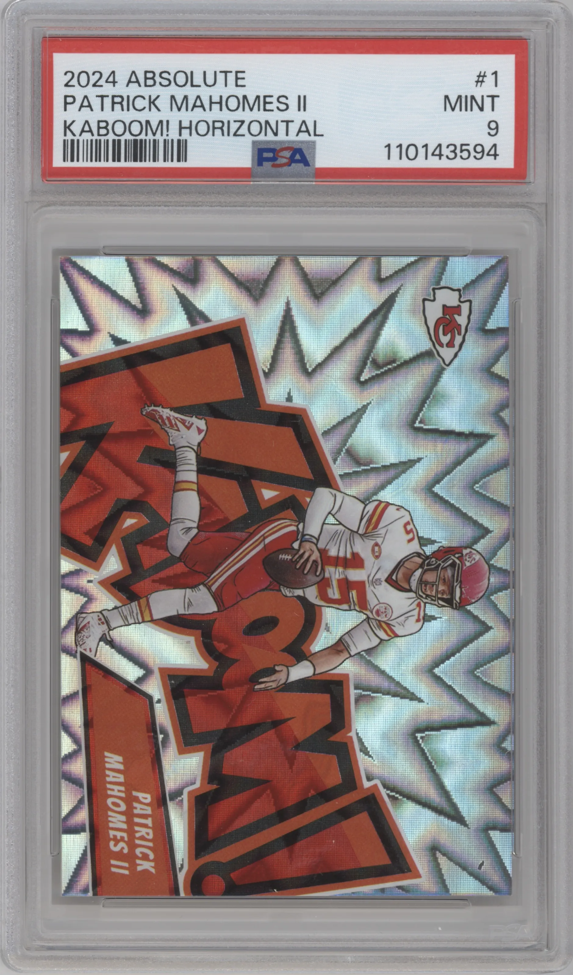 Patrick Mahomes II from the 2024 Panini Absolute set graded by PSA and given an overall grade of 9.