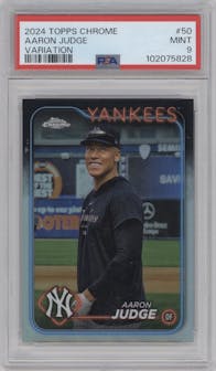 Aaron Judge from the 2024 Topps Chrome set graded by PSA and given an overall grade of 9.