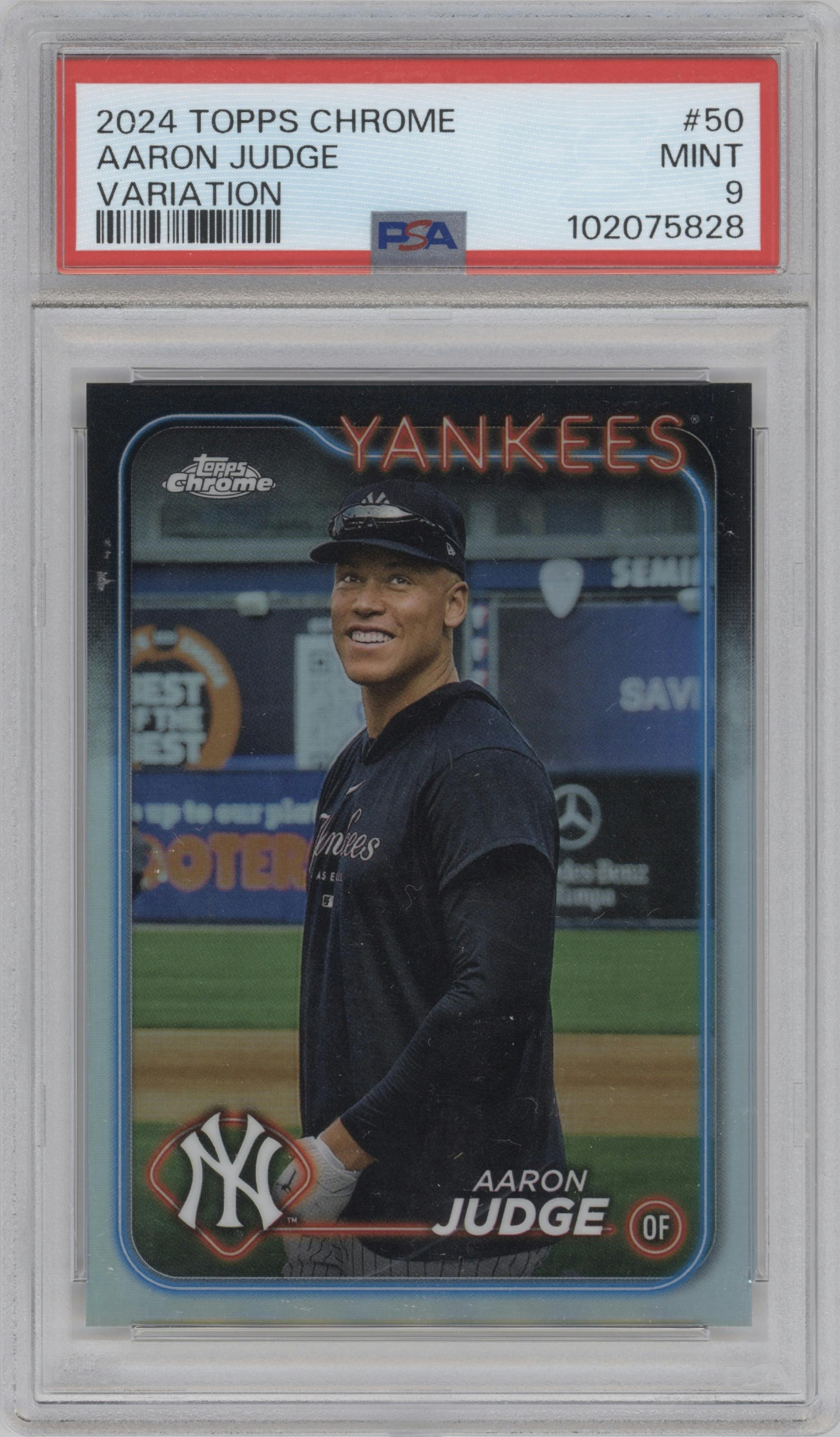 Aaron Judge from the 2024 Topps Chrome set graded by PSA and given an overall grade of 9.
