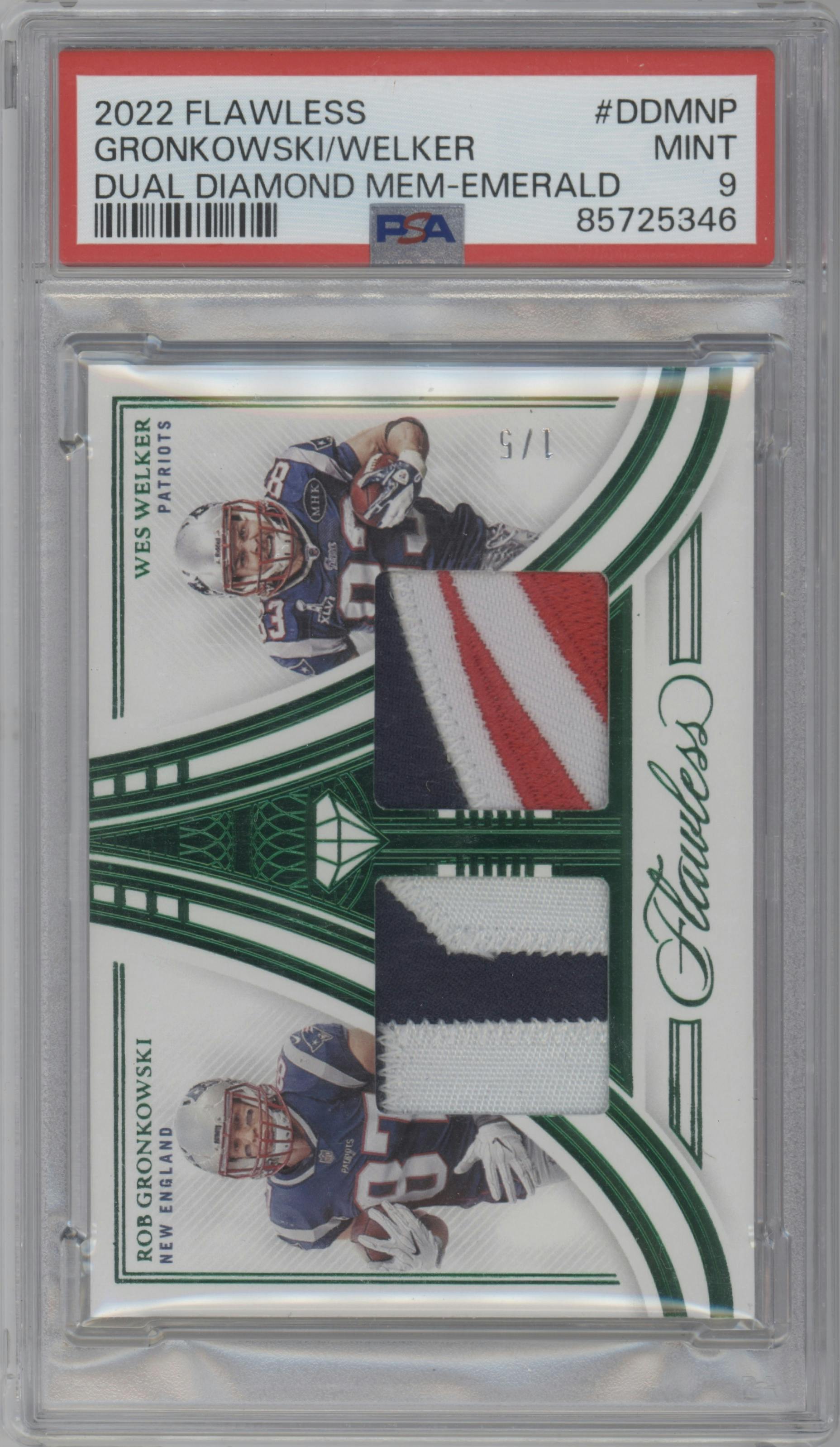 Rob Gronkowski/Wes Welker from the 2022 Panini Flawless set featuring a Emerald parallel graded by PSA and given an overall grade of 9.