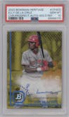Elly De LA Cruz from the 2022 Bowman Heritage set featuring a Gold Refractor parallel graded by PSA and given an overall grade of 10.