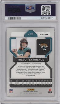Trevor Lawrence from the 2021 Panini Prizm set featuring a Red Ice parallel graded by PSA and given an overall grade of 10.