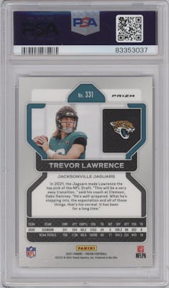 Trevor Lawrence from the 2021 Panini Prizm set featuring a Red Ice parallel graded by PSA and given an overall grade of 10.