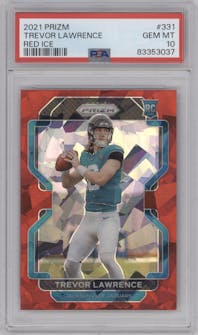 Trevor Lawrence from the 2021 Panini Prizm set featuring a Red Ice parallel graded by PSA and given an overall grade of 10.