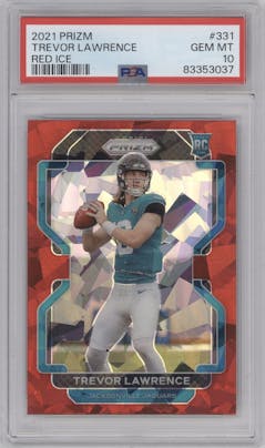 Trevor Lawrence from the 2021 Panini Prizm set featuring a Red Ice parallel graded by PSA and given an overall grade of 10.