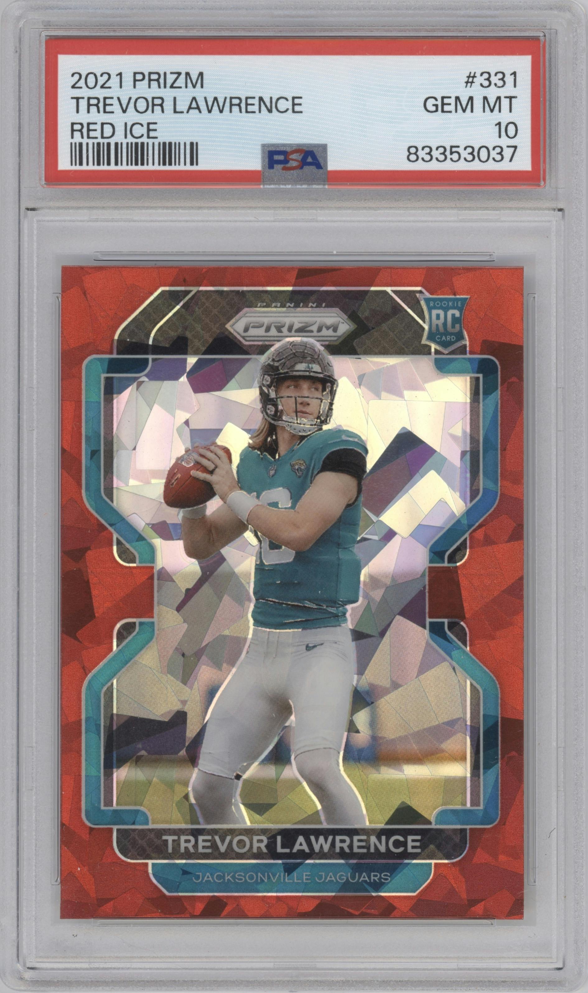 Trevor Lawrence from the 2021 Panini Prizm set featuring a Red Ice parallel graded by PSA and given an overall grade of 10.