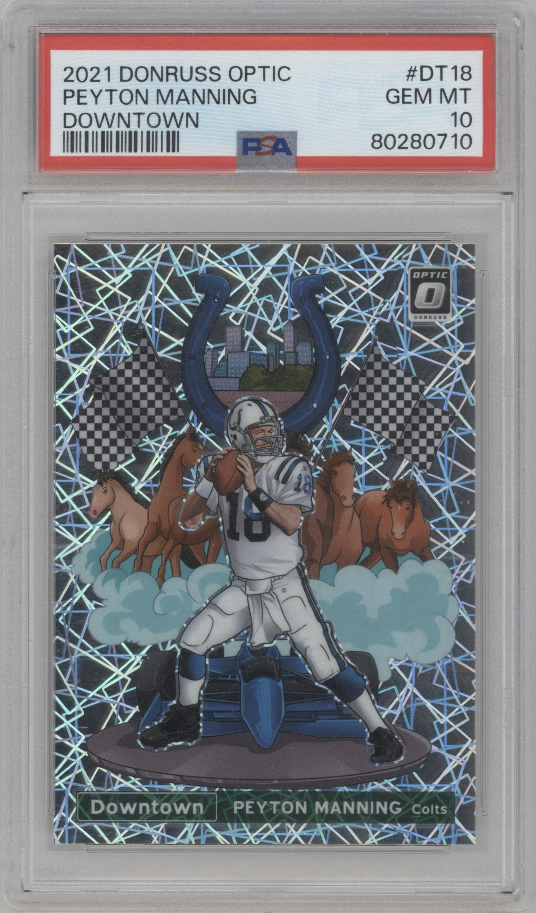 Peyton Manning from the 2021 Panini Donruss Optic set graded by PSA and given an overall grade of 10.