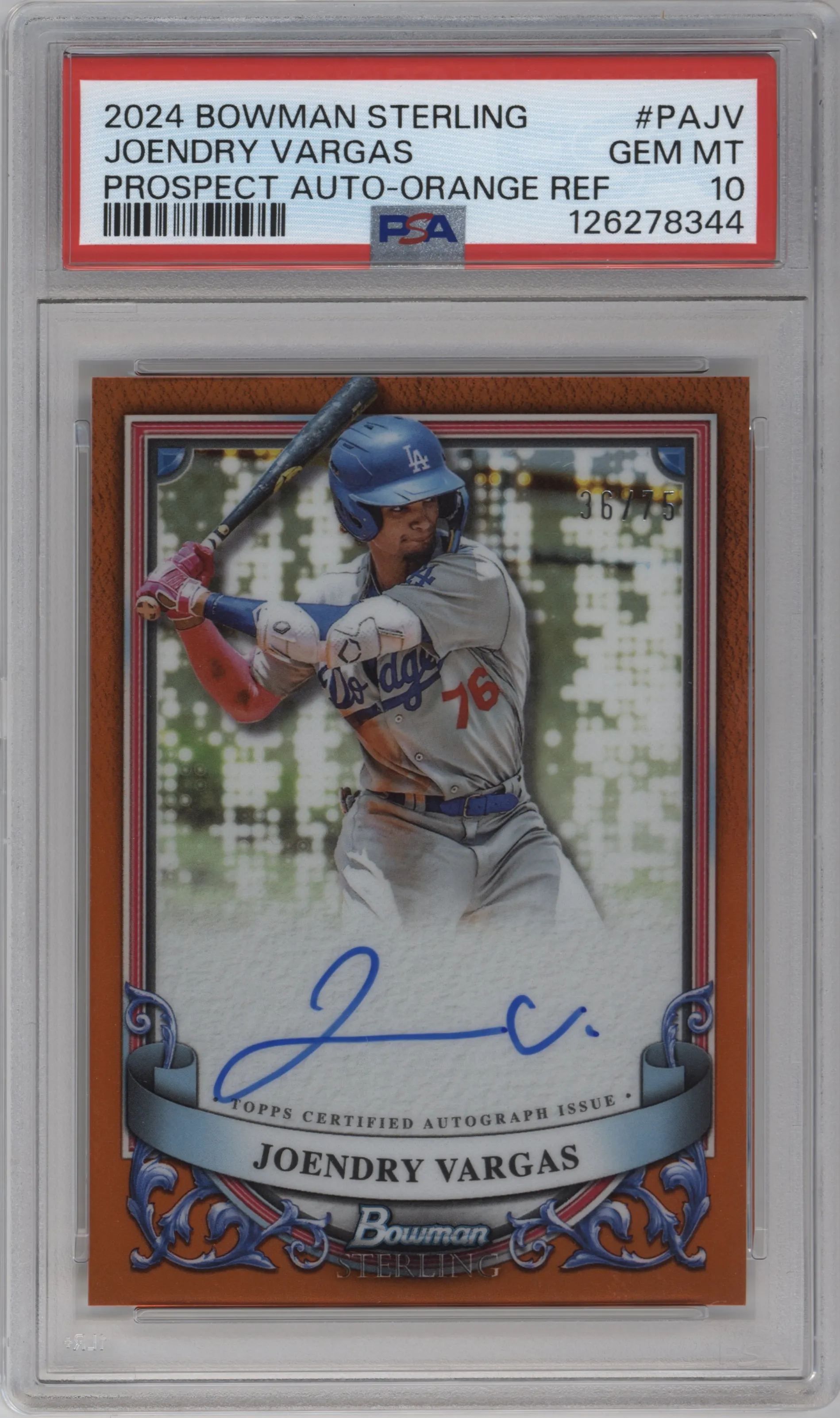 2024 Bowman Sterling Pros.Auto Joendry Vargas Orange Refractor #PA-JV PSA 10