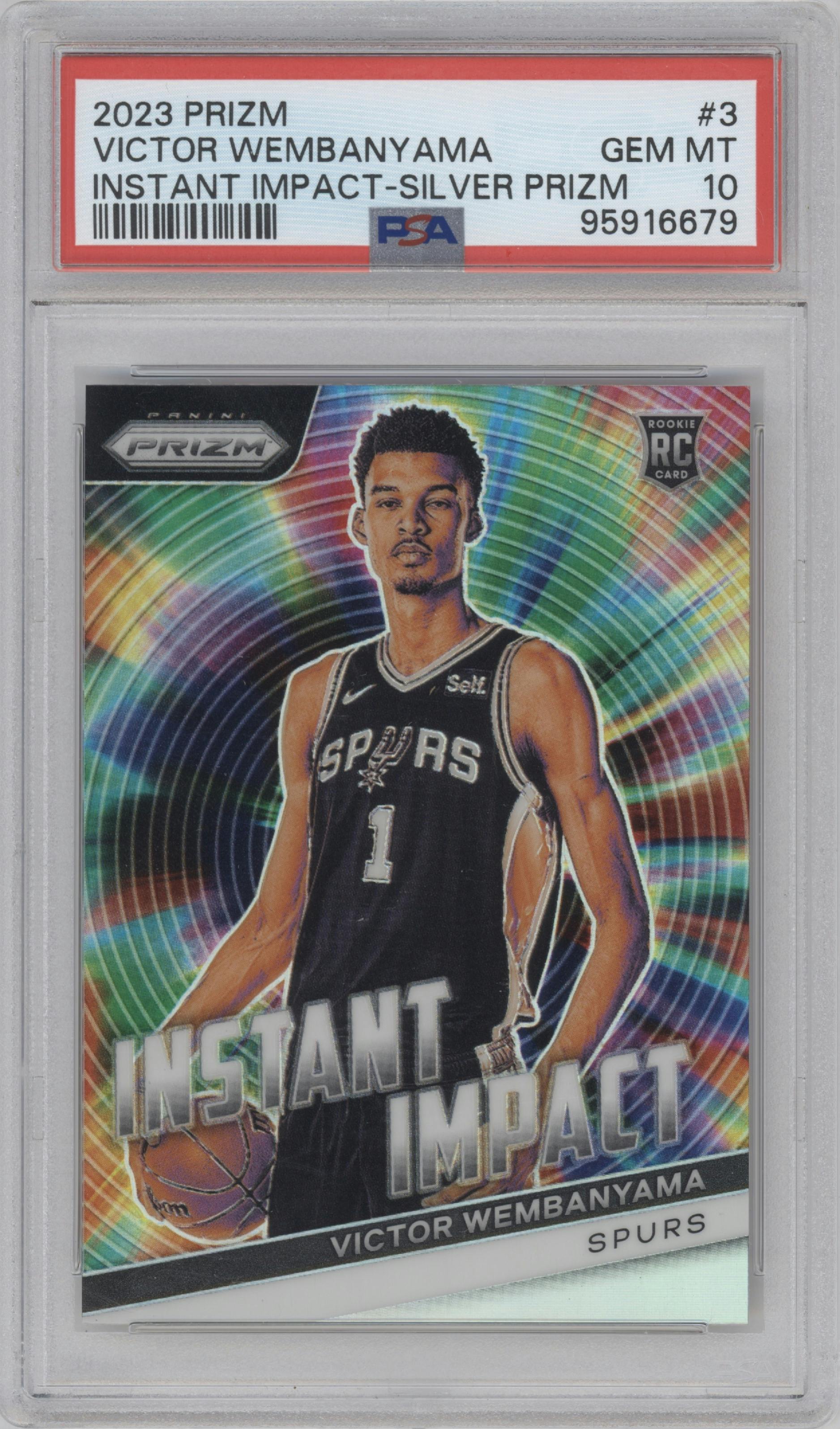 Victor Wembanyama from the 2023-24 Panini Prizm set featuring a Silver Prizm parallel graded by PSA and given an overall grade of 10.