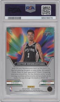 Victor Wembanyama from the 2023-24 Panini Prizm set featuring a Silver Prizm parallel graded by PSA and given an overall grade of 10.