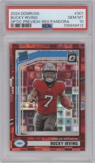Bucky Irving from the 2024 Donruss set featuring a Red Pandora parallel graded by PSA and given an overall grade of 10.