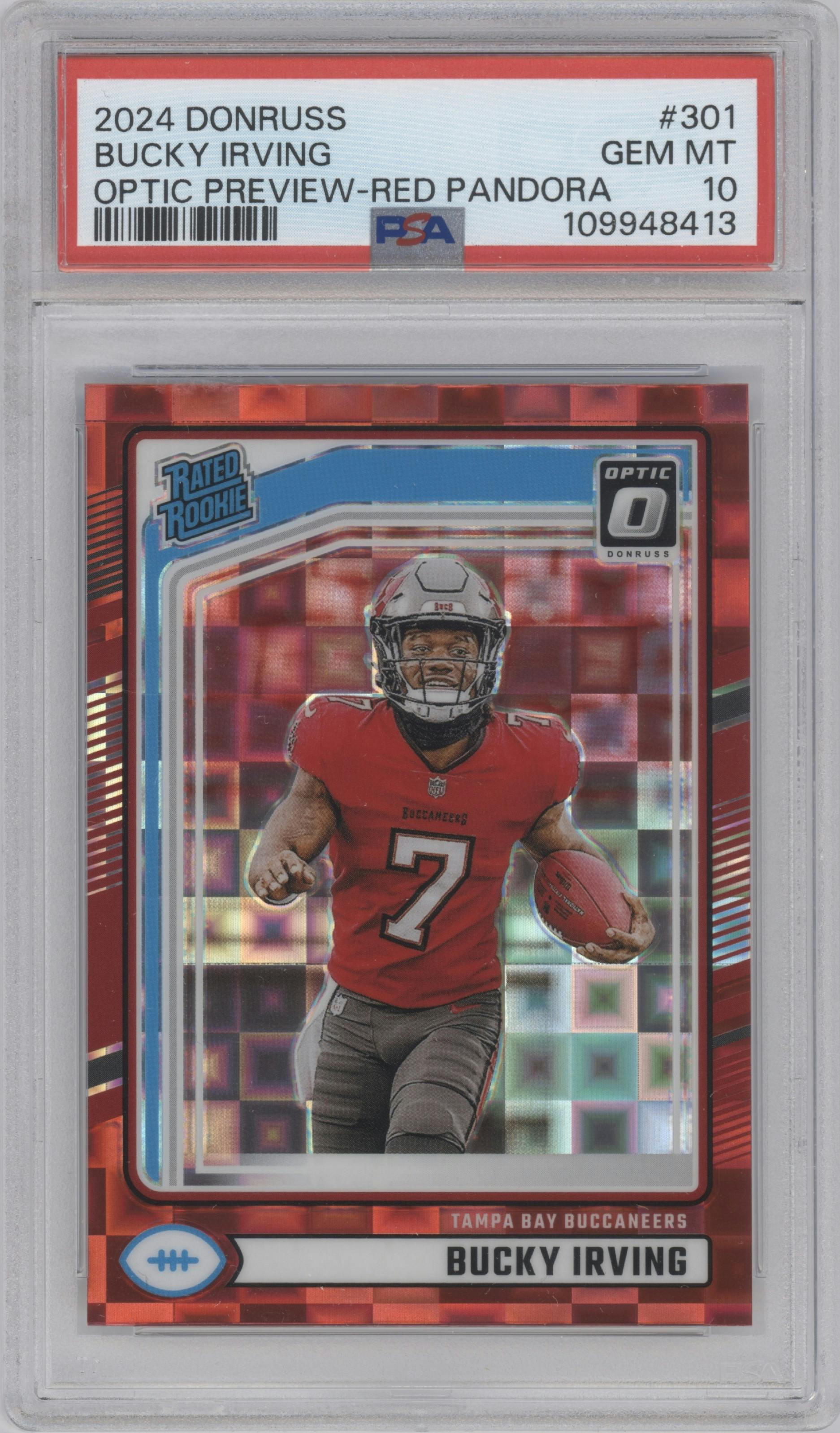 Bucky Irving from the 2024 Donruss set featuring a Red Pandora parallel graded by PSA and given an overall grade of 10.