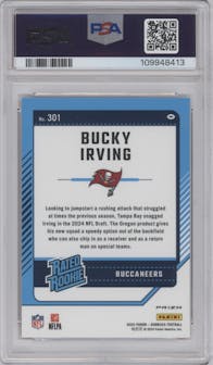 Bucky Irving from the 2024 Donruss set featuring a Red Pandora parallel graded by PSA and given an overall grade of 10.