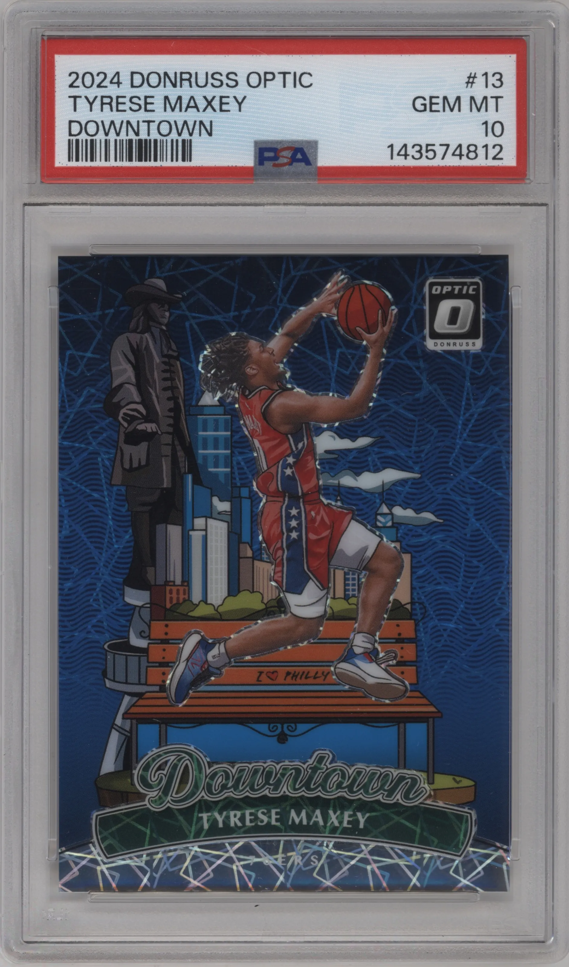 Tyrese Maxey	 from the 2024-25 Donruss Optic set graded by PSA and given an overall grade of 10.