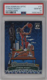 Tyrese Maxey from the 2024-25 Donruss Optic set graded by PSA and given an overall grade of 10.