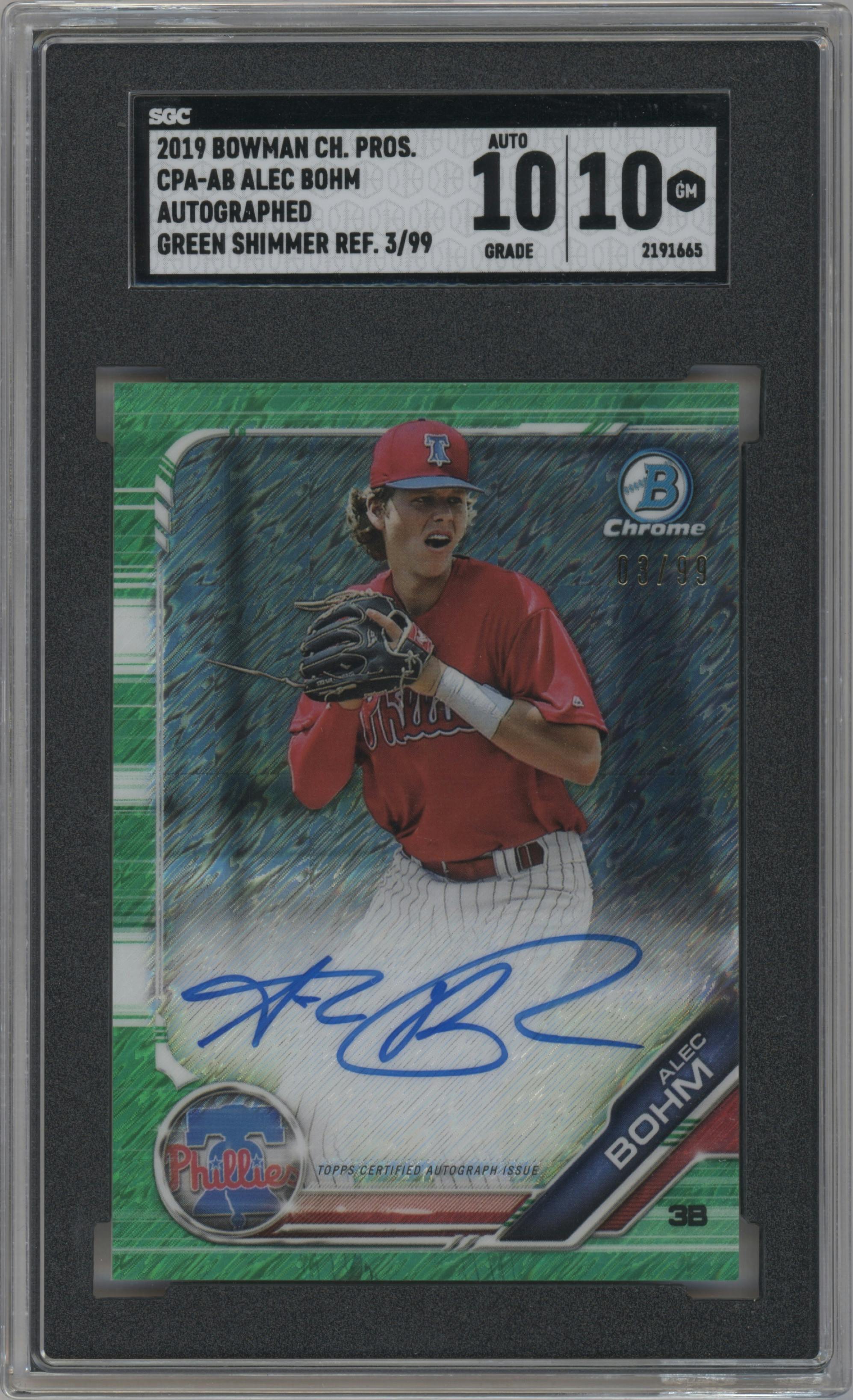 Alec Bohm from the 2019 Bowman  set featuring a Green Shimmer Refractor parallel graded by SGC and given an overall grade of 10.