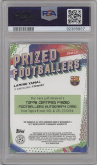 Lamine Yamal from the 2023-24 Topps Finest UEFA Club Competitions set graded by PSA and given an overall grade of 10.