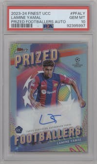 Lamine Yamal from the 2023-24 Topps Finest UEFA Club Competitions set graded by PSA and given an overall grade of 10.