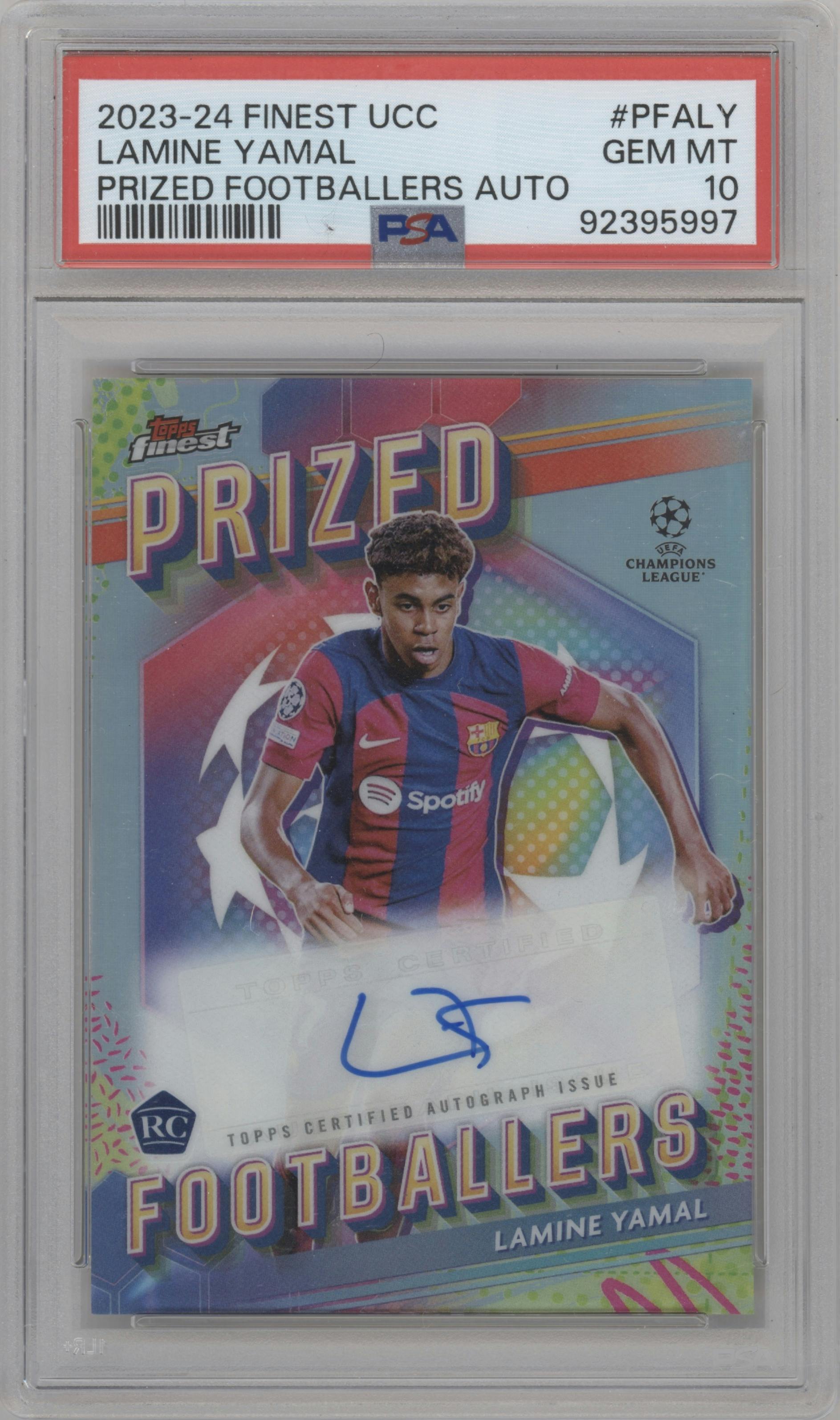 Lamine Yamal from the 2023-24 Topps Finest UEFA Club Competitions set graded by PSA and given an overall grade of 10.
