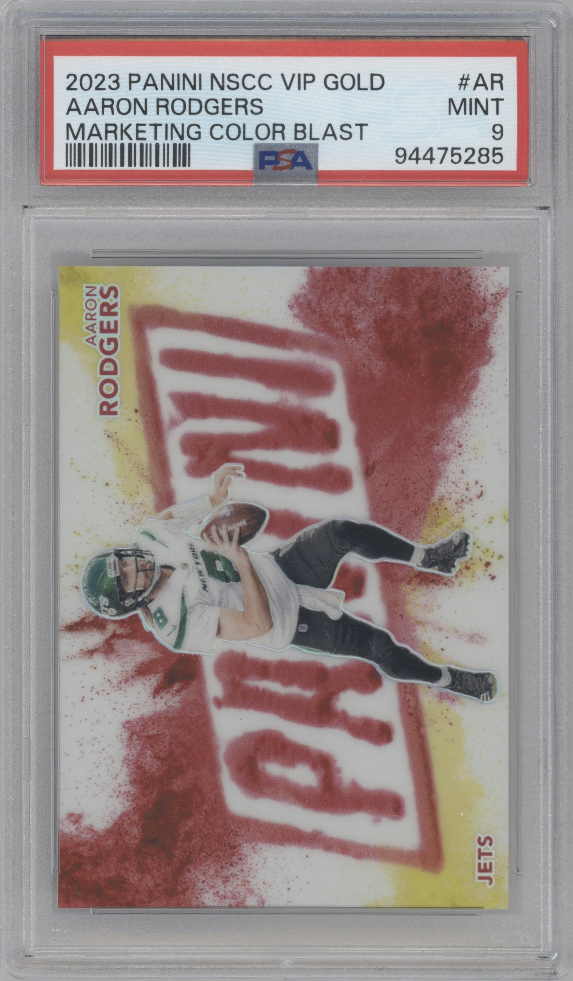Aaron Rodgers from the 2023 Panini The National VIP set graded by PSA and given an overall grade of 9.