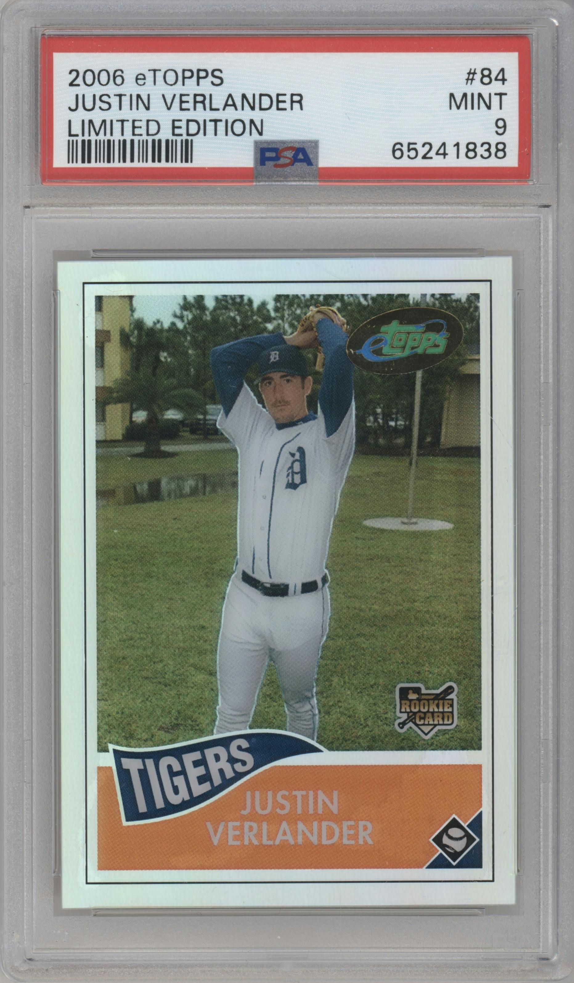 Justin Verlander from the 2006 Topps eTopps set featuring a Limited Edition parallel graded by PSA and given an overall grade of 9.