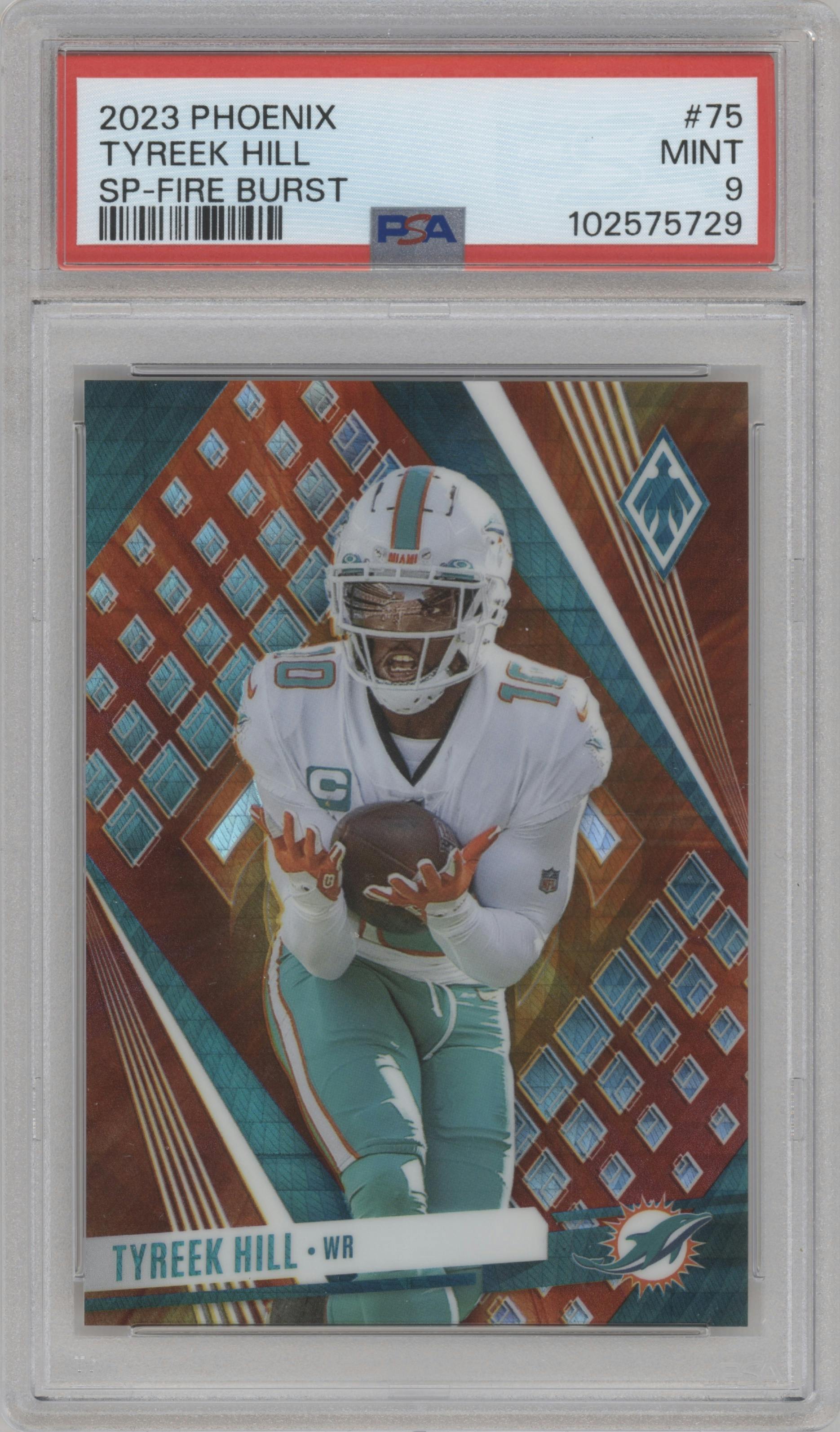 Tyreek Hill from the 2023 Panini Phoenix set featuring a Fire Burst parallel graded by PSA and given an overall grade of 9.