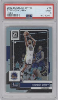 Stephen Curry from the 2022-23 Panini Donruss Optic  set featuring a Holo parallel graded by PSA and given an overall grade of 9.