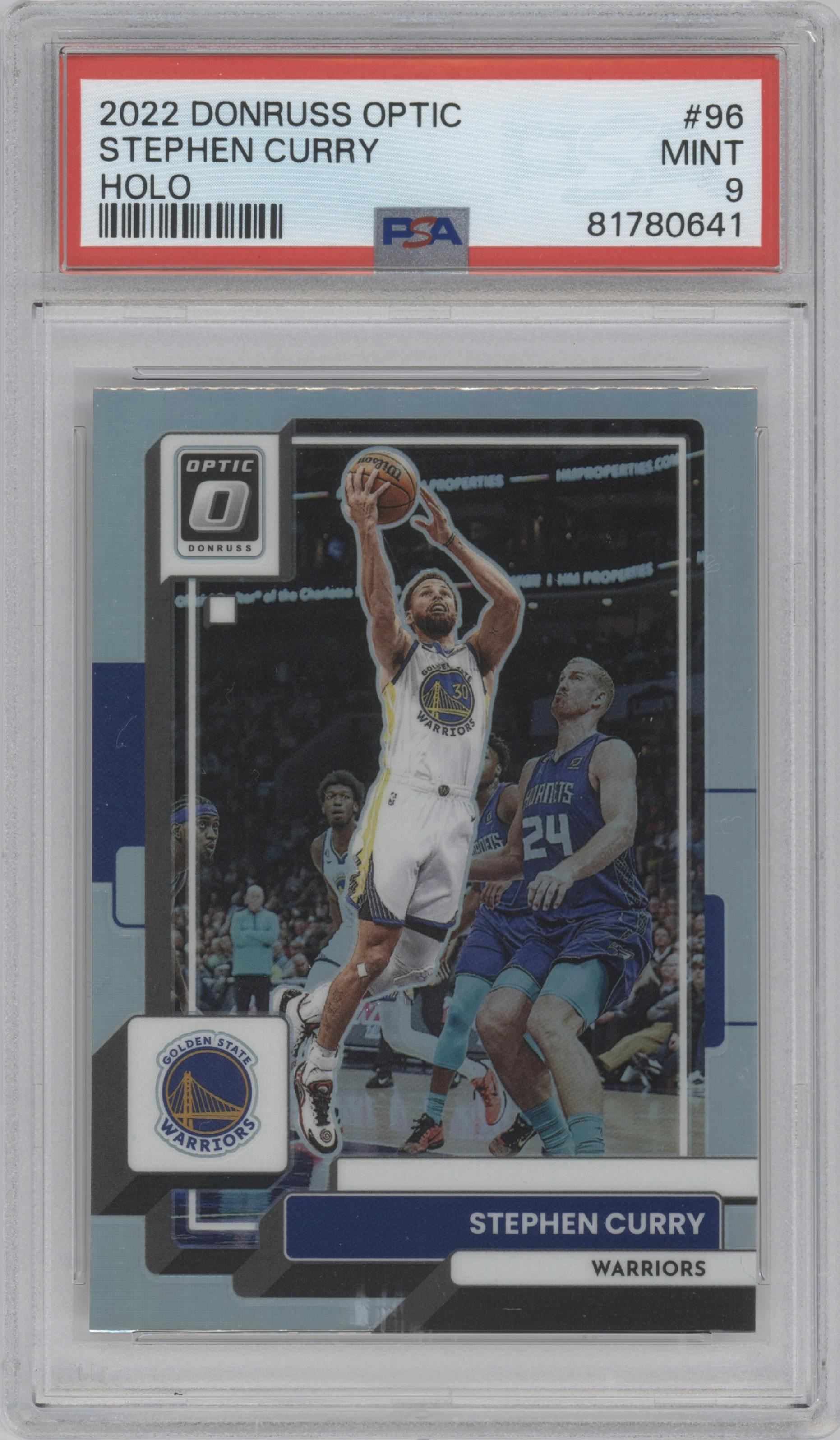 Stephen Curry from the 2022-23 Panini Donruss Optic  set featuring a Holo parallel graded by PSA and given an overall grade of 9.