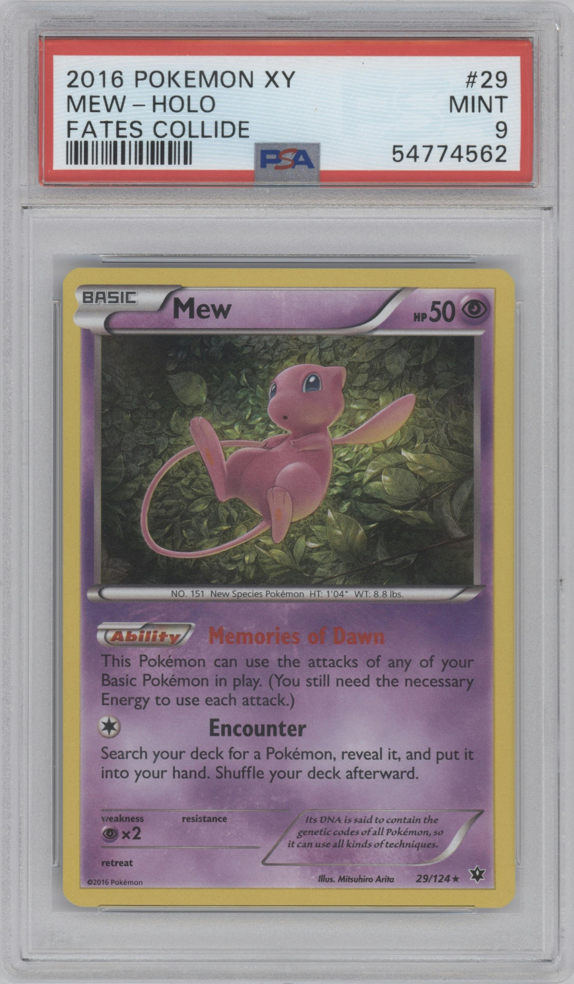 Mew from the 2016 Pokemon XY set graded by PSA and given an overall grade of 9.